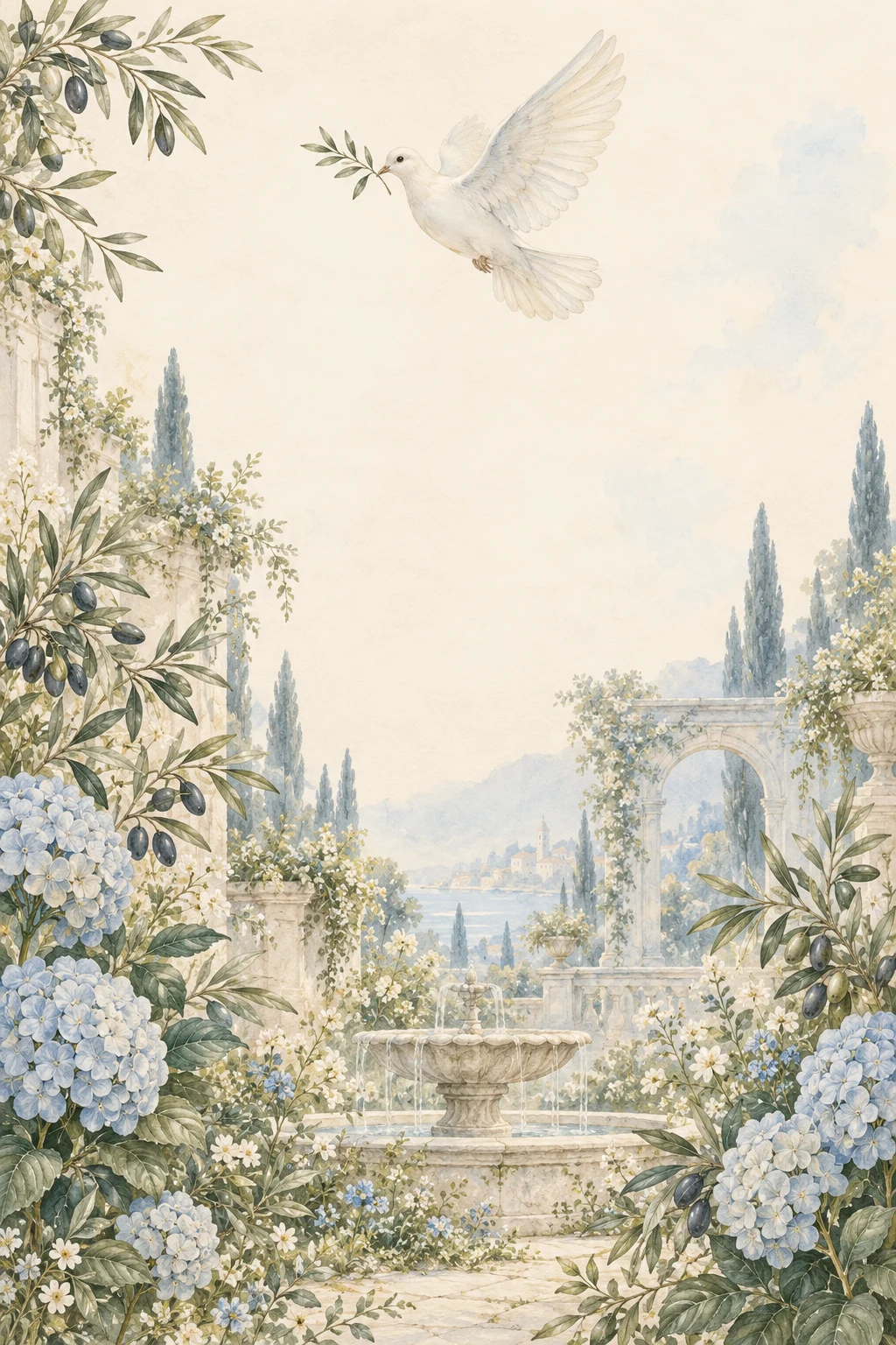 Paloma blanca sobre un jardín de olivos y hortensias azules, ilustrado en acuarela